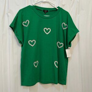 ontWelfth Kelly Green & Silver Heart Bling Tee Shirt Size XL